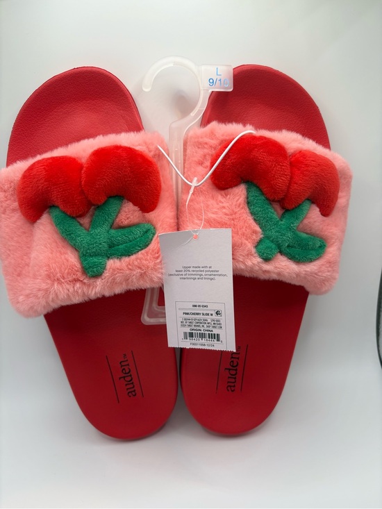 Auden Shoes - Auden Pink Red Cherry Fuzzy Slides Sandals Slippers NWT Large 9/10